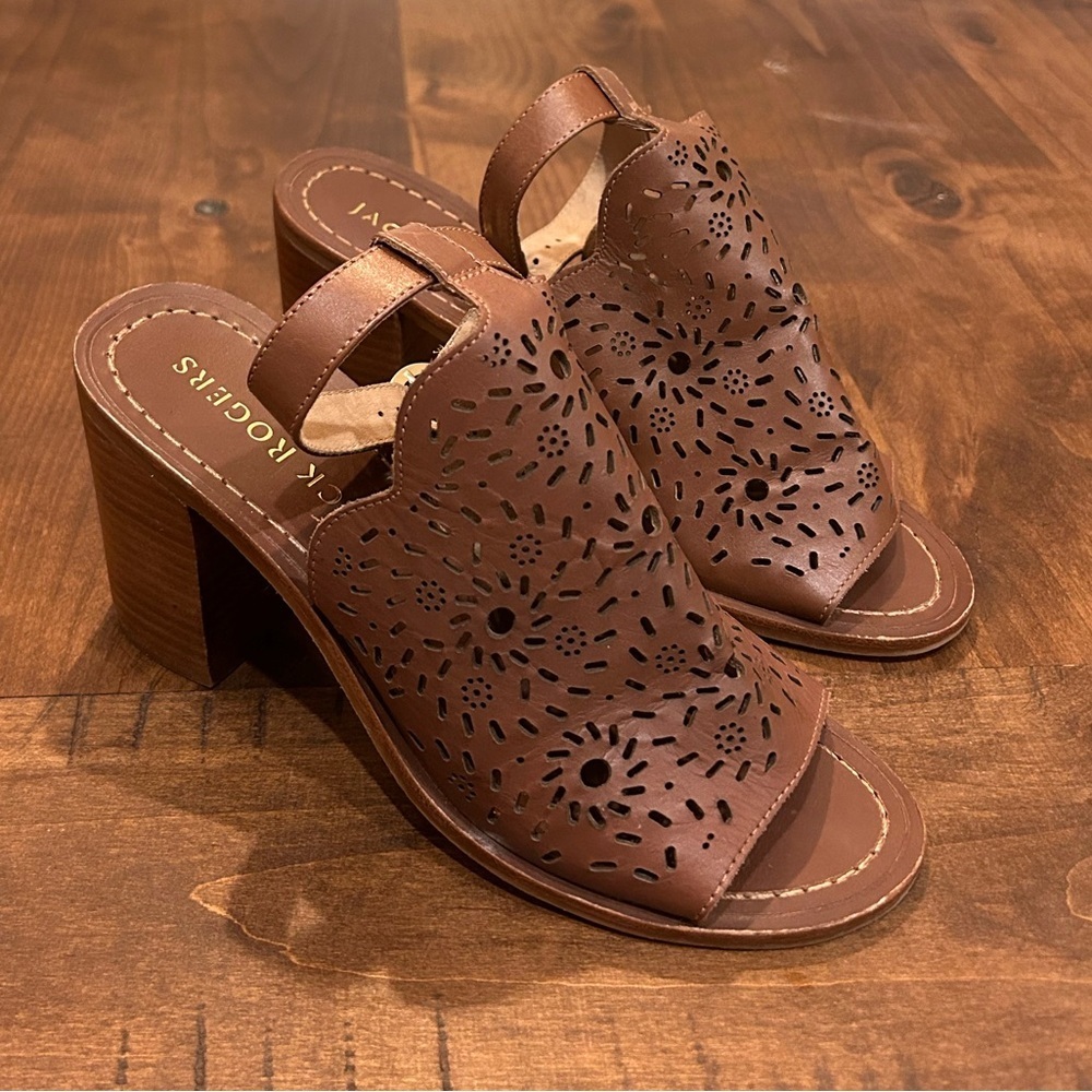 Jack Rogers Ronnie Laser Cut Ankle Strap Chunky Block Heel Sandals Brown 7.5 - Picture 3 of 10